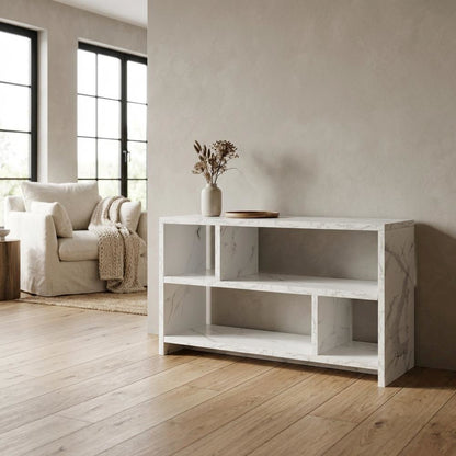 White Faux Marble TV Stand Console with Shelves and Hollow Core Material