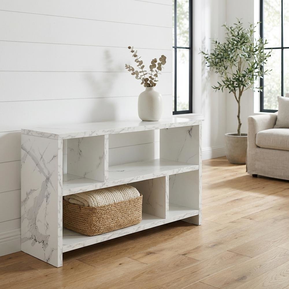 White Faux Marble TV Stand Console with Shelves and Hollow Core Material