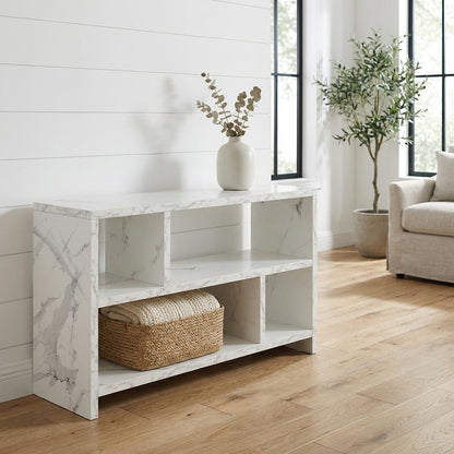 White Faux Marble TV Stand Console with Shelves and Hollow Core Material