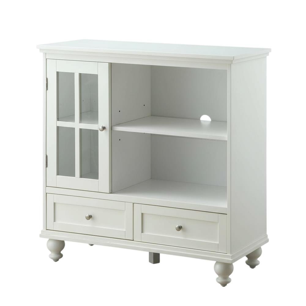 White Solid Wood Pine TV Stand with Ash Veneer and Tempered Glass accents