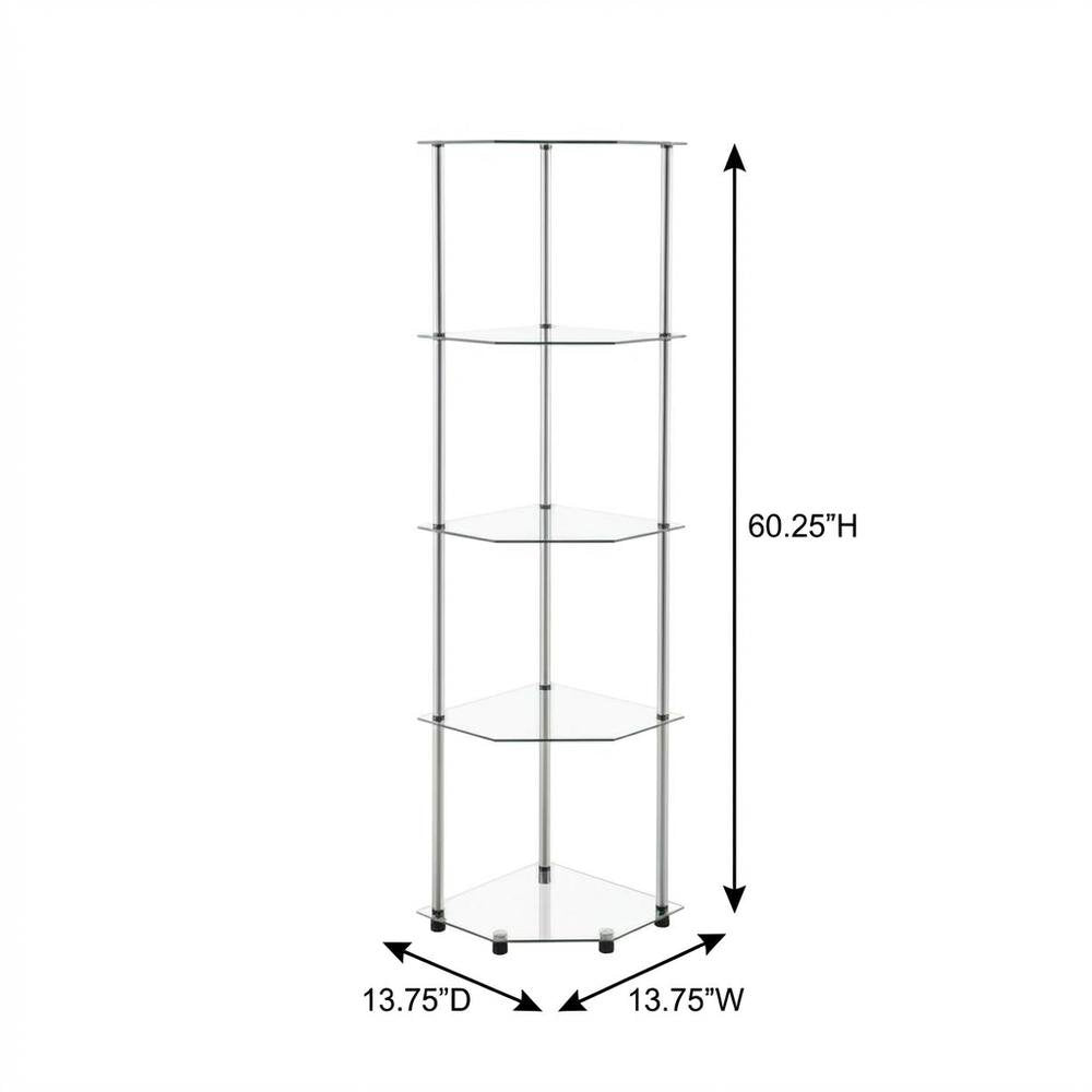 Corner Tower Shelf, Gray Glass, 5 Tier, Easy Assembly