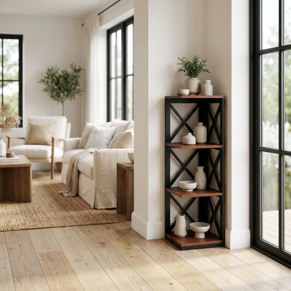 Corner Bookcase in Neutral Finish with Stable Support and Durable Construction