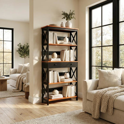 Wooden 5-Tier Bookcase - Storage Drawer, Durable Particle Board, Melamine Finish