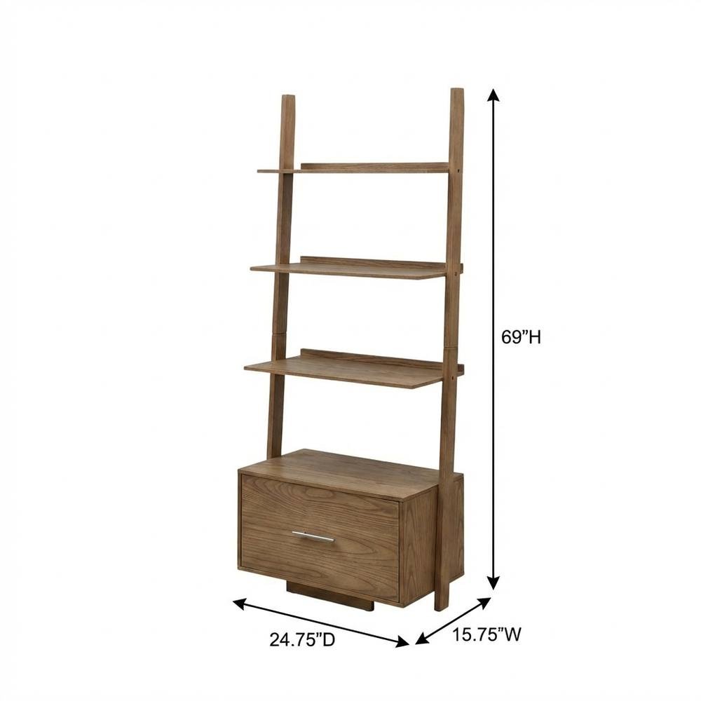 Ash Veneer Ladder Bookcase with File Drawer for Storage and Organization