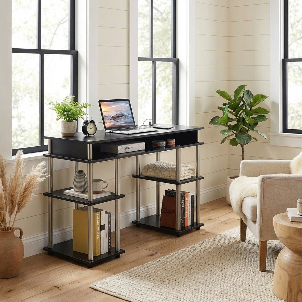 Contemporary Black Student Desk With Charging Station For Home Or Office Use