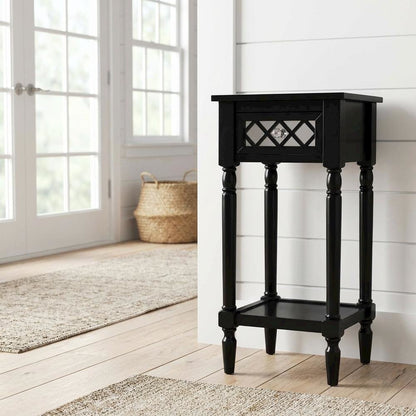 Black Accent Table with Shelf and Drawer for Living Room or Bedroom