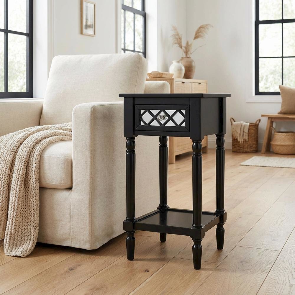 Black Accent Table with Shelf and Drawer for Living Room or Bedroom
