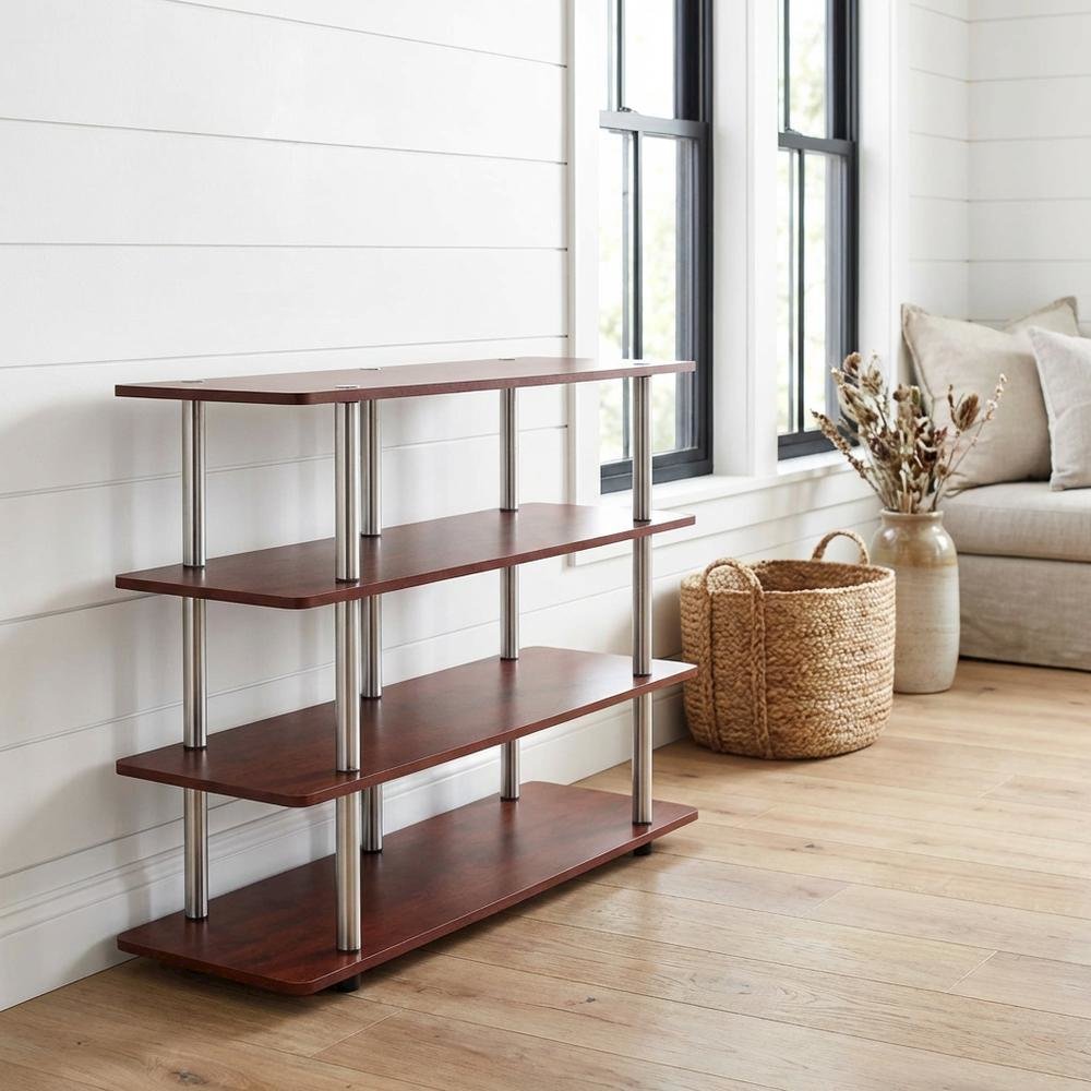 Cherry TV stand with no tools, 4-tier design, for TVs up to 55 inches