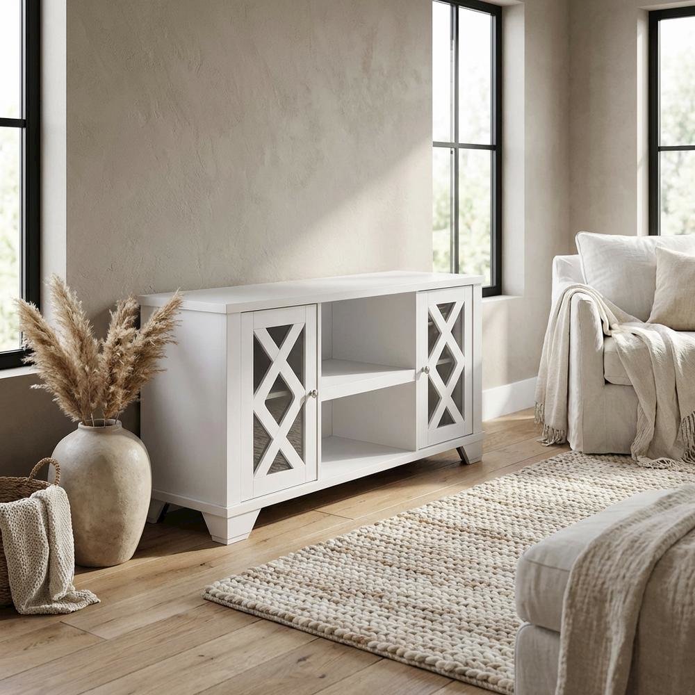 White TV stand with storage cabinets and open shelves for 55-inch TVs