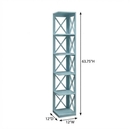 Corner bookcase in sleek finish with five sturdy tiers for versatile storage