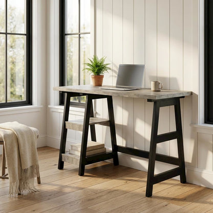 Modern Trestle Desk With Shelves In Faux Birch And Black Finish For Office Space