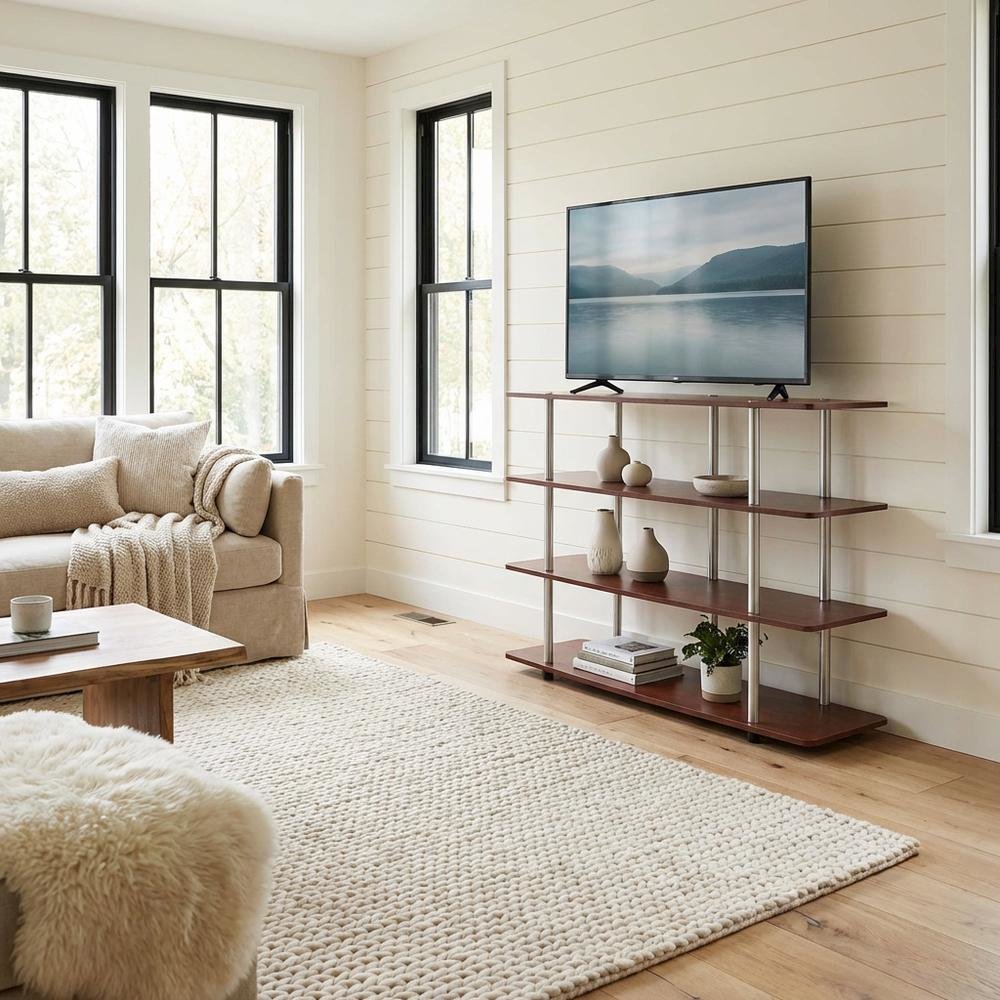 Cherry TV stand with no tools, 4-tier design, for TVs up to 55 inches