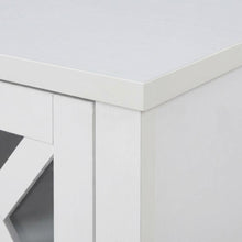 White TV stand with storage cabinets and open shelves for 55-inch TVs