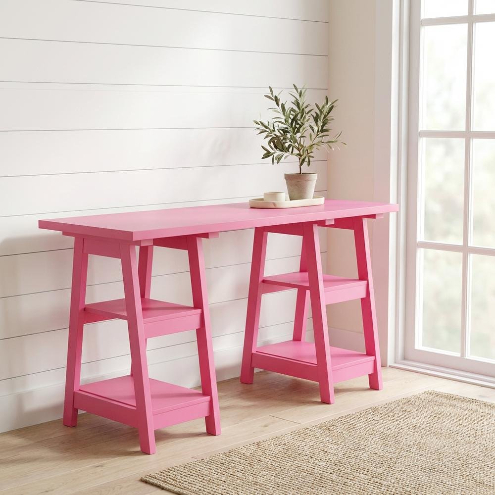Contemporary Double Trestle Desk With Shelves In Durable Mdf Finish