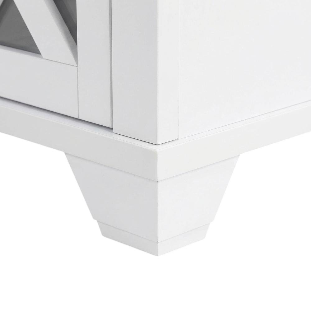 White TV stand with storage cabinets and open shelves for 55-inch TVs