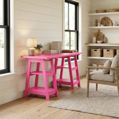 Contemporary Double Trestle Desk With Shelves In Durable Mdf Finish