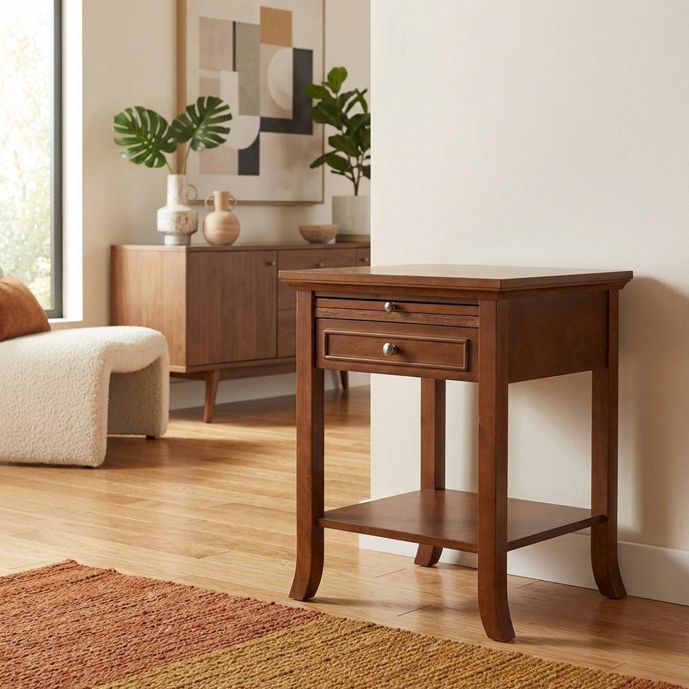 Wooden End Table with Drawer and Slide for Living Room Decor