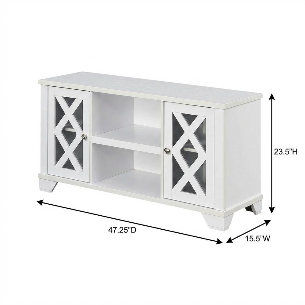 White TV stand with storage cabinets and open shelves for 55-inch TVs