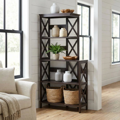 Wooden 5-Tier Bookcase with Non-Lead Base Paint Finish for Home Storage