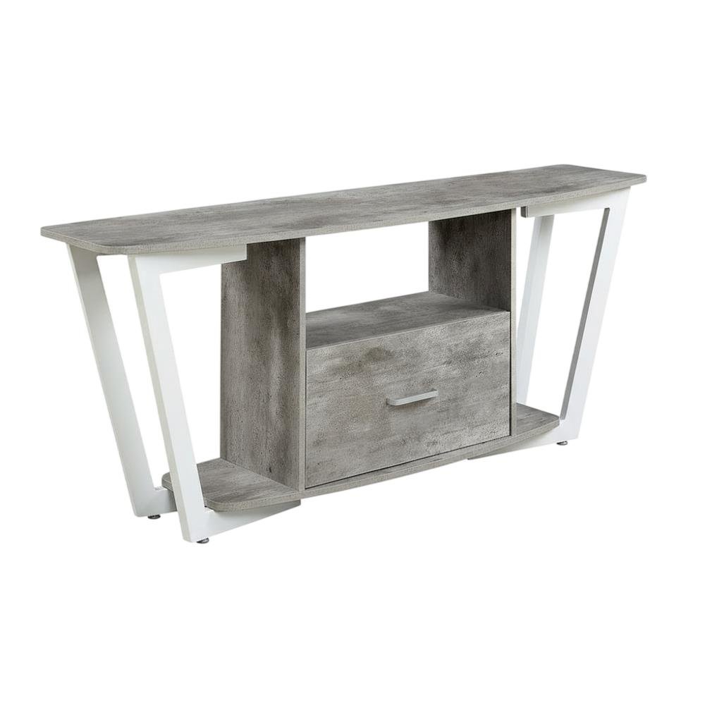 White powder-coated metal TV stand with shelves for 65-inch TVs