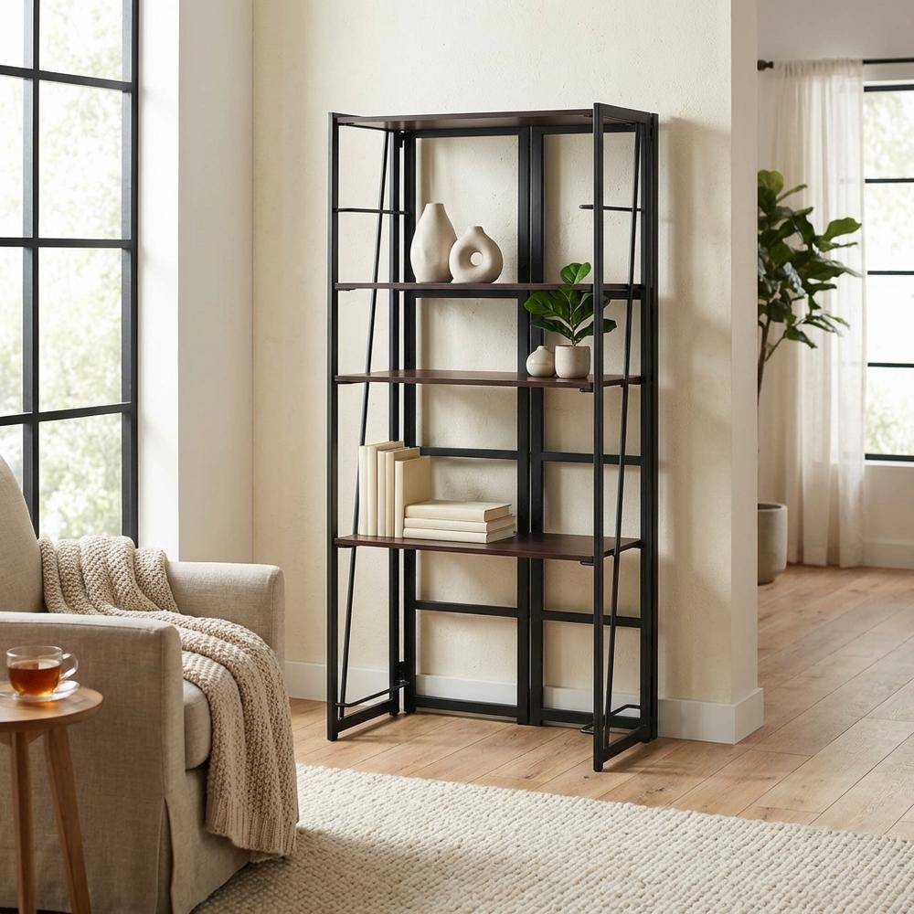 Espresso Folding 4-Tier Bookshelf with Durable Particle Board Construction