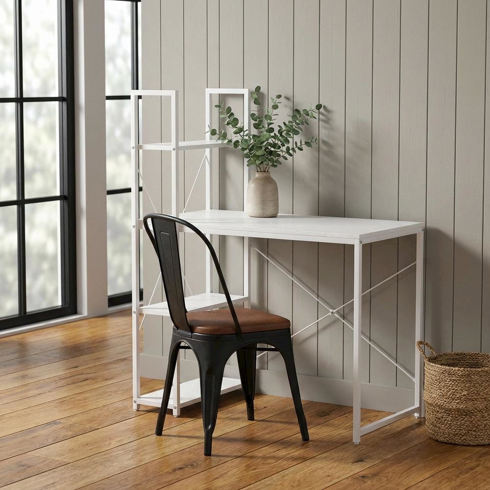 White Office Workstation Desk With Shelves For Home And Workspace