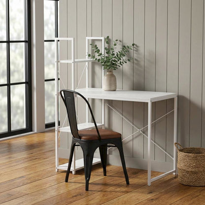 White Office Workstation Desk With Shelves For Home And Workspace