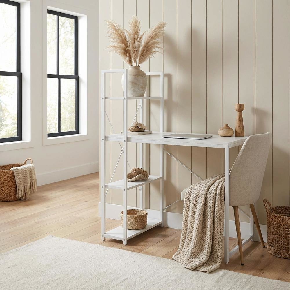 White Office Workstation Desk With Shelves For Home And Workspace