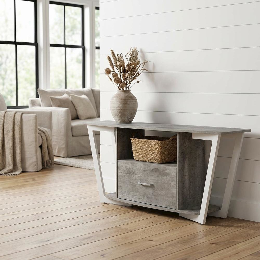 White powder-coated metal TV stand with shelves for 65-inch TVs