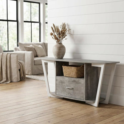 White powder-coated metal TV stand with shelves for 65-inch TVs