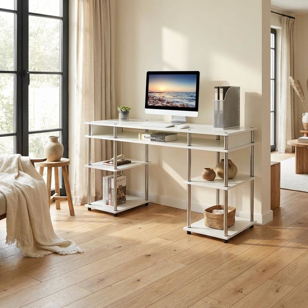 White Student Desk With Shelves, 60-Inch Deluxe Workspace With Melamine Surface