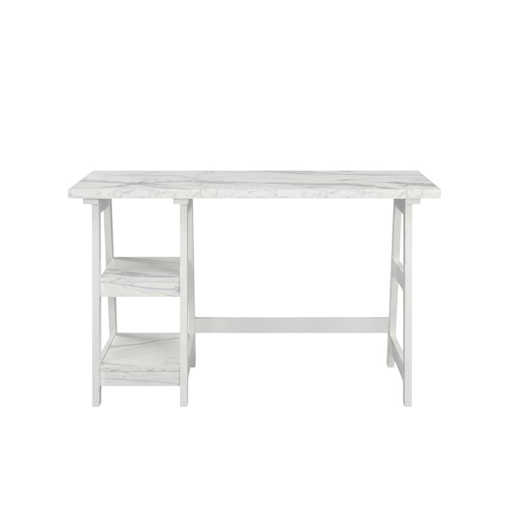White Faux Marble Trestle Desk With Shelves And Mdf Construction