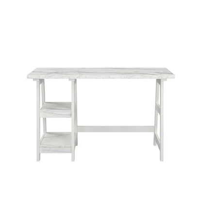 White Faux Marble Trestle Desk With Shelves And Mdf Construction