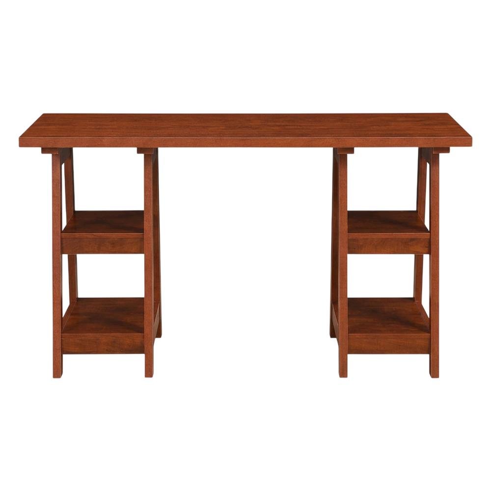 Modern Double Trestle Desk With Shelves In Distressed Finish