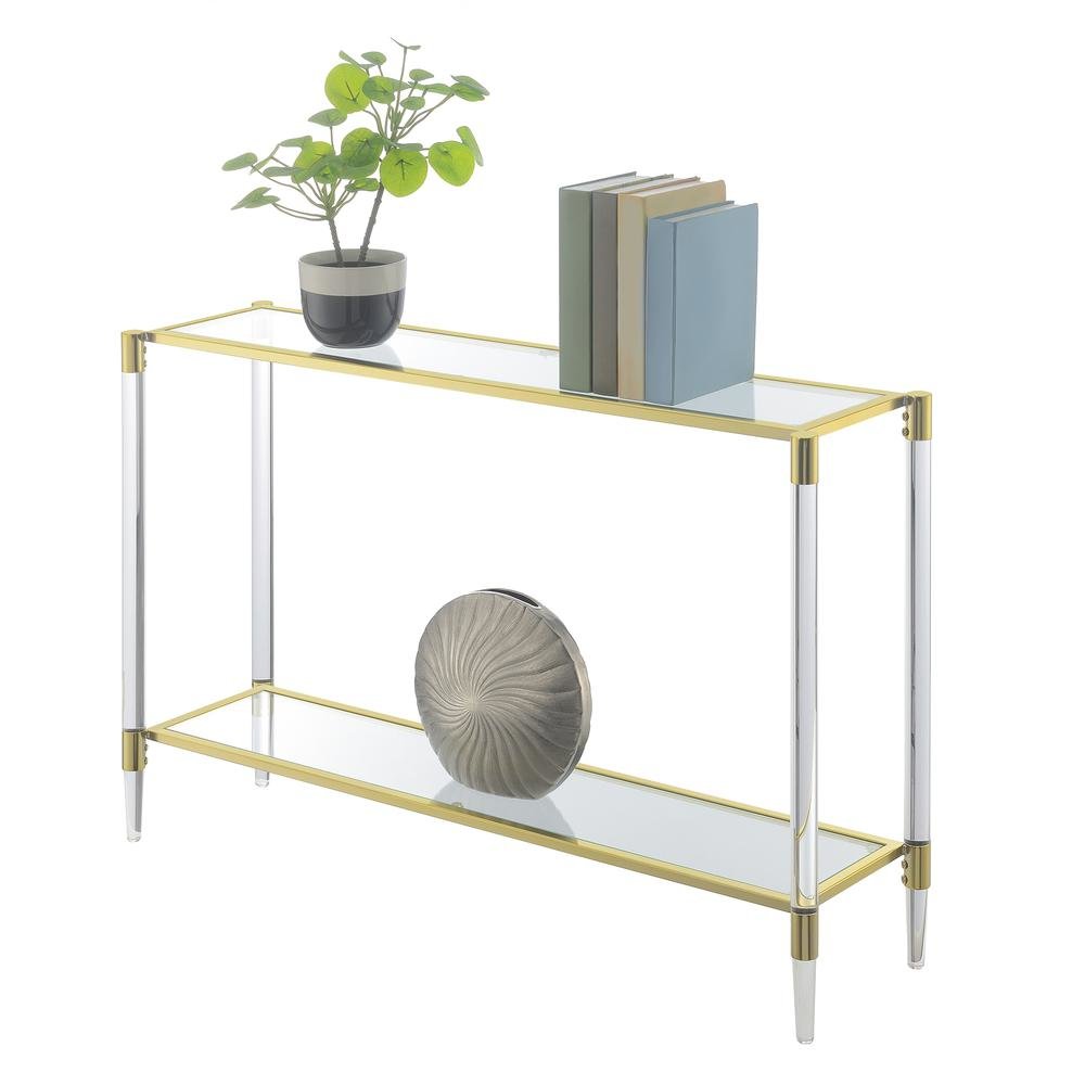 Console Table with 2 Glass Tiers, Acrylic Legs, Contemporary Style in Gold
