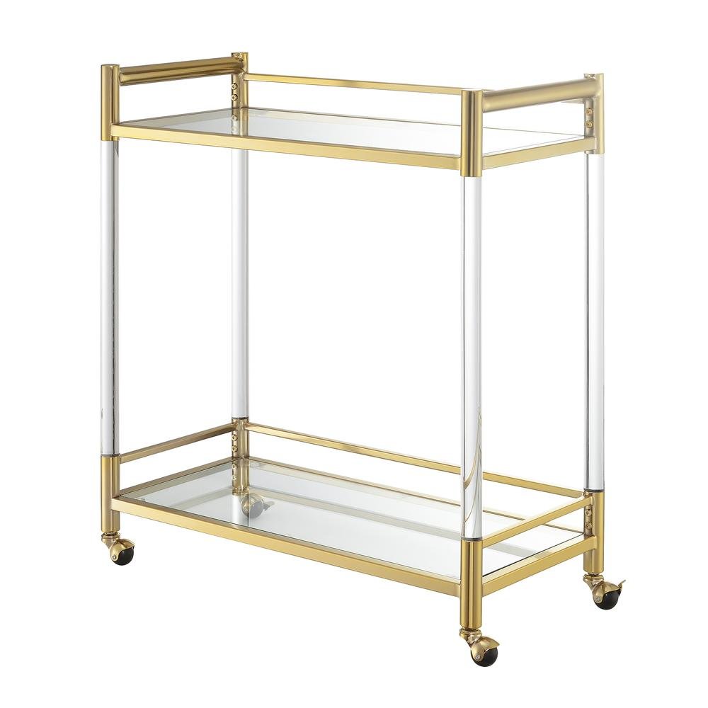 Bar Cart with 2 Tiers of Glass, Acrylic Legs, Locking Casters in Gold Chrome