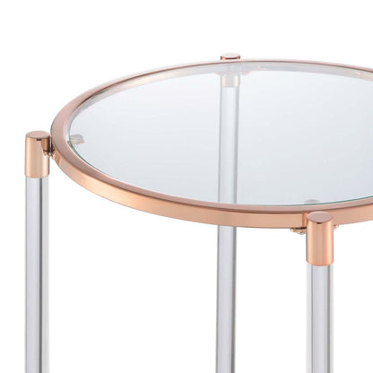 End Table with 2 Glass Tiers, Acrylic Legs, Contemporary Style in Rose Gold