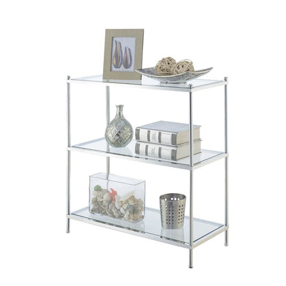 3 Tier Bookcase, Chrome, Glass Shelves, Modern, Easy Setup