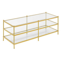 3-Tier Coffee Table Rectangular Shape, Clear Glass, Gold Frame, Metal Furniture