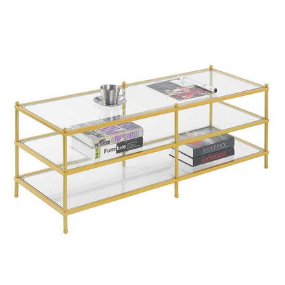 3-Tier Coffee Table Rectangular Shape, Clear Glass, Gold Frame, Metal Furniture