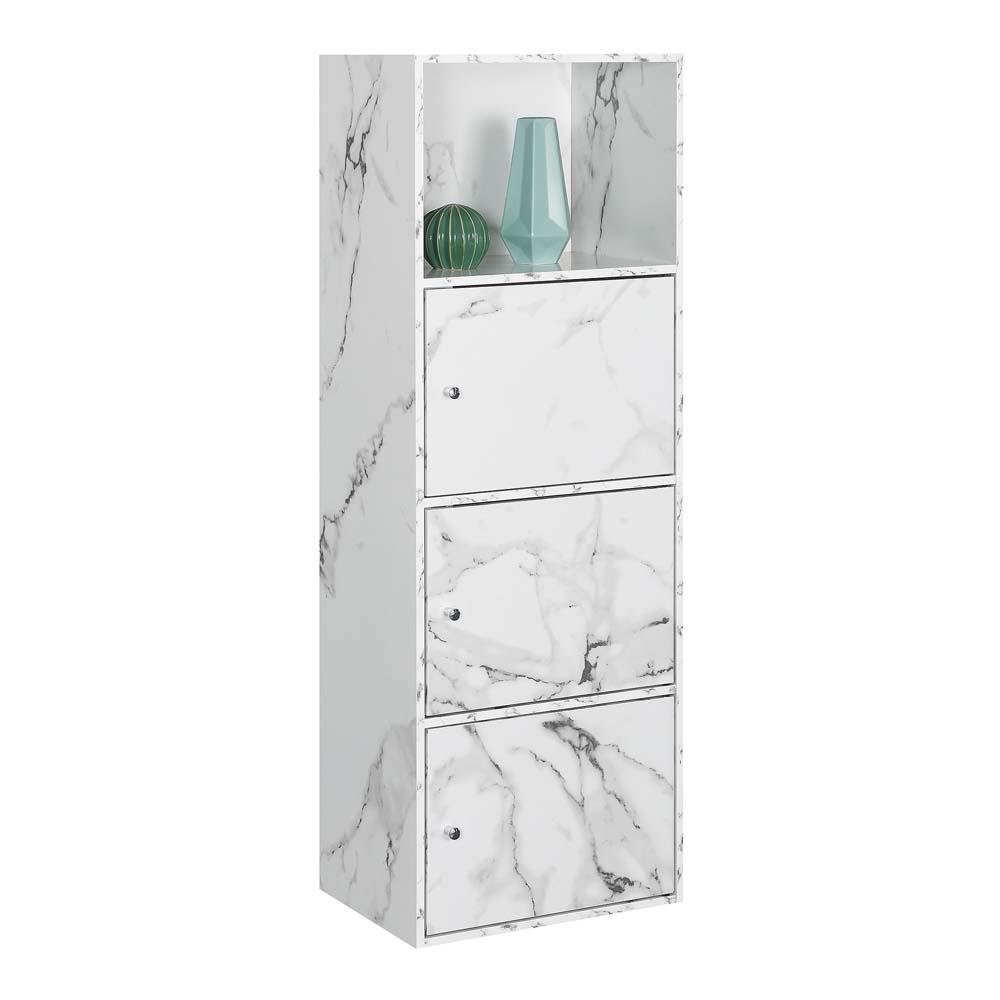 Storage Cabinet with 3 Doors, White Faux Marble, Magnetic Hinges, Chrome Knob