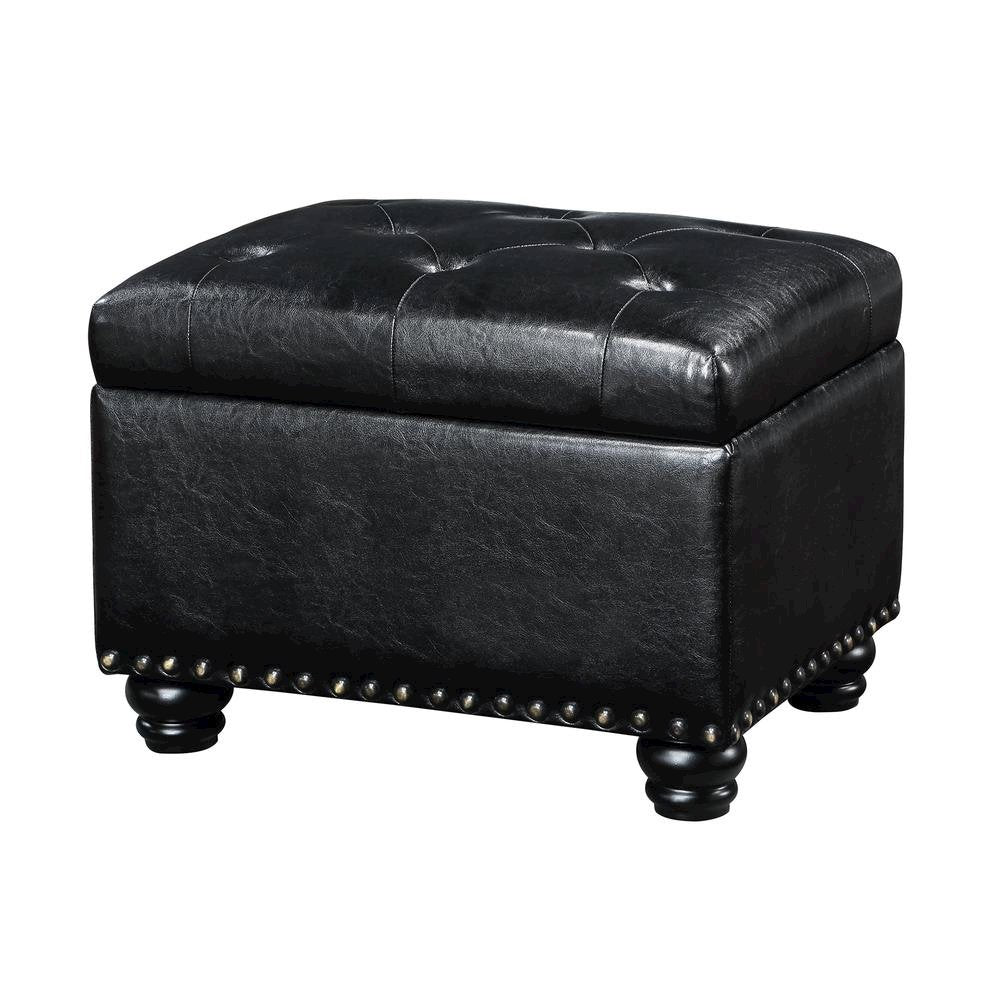 Storage Bench Ottoman Footrest in Black Faux Leather, Button Tufted
