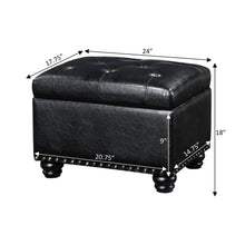 Storage Bench Ottoman Footrest in Black Faux Leather, Button Tufted