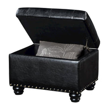 Storage Bench Ottoman Footrest in Black Faux Leather, Button Tufted