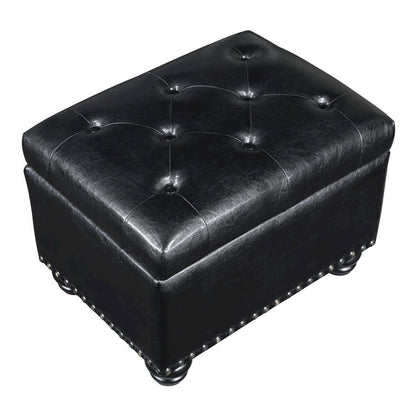 Storage Bench Ottoman Footrest in Black Faux Leather, Button Tufted
