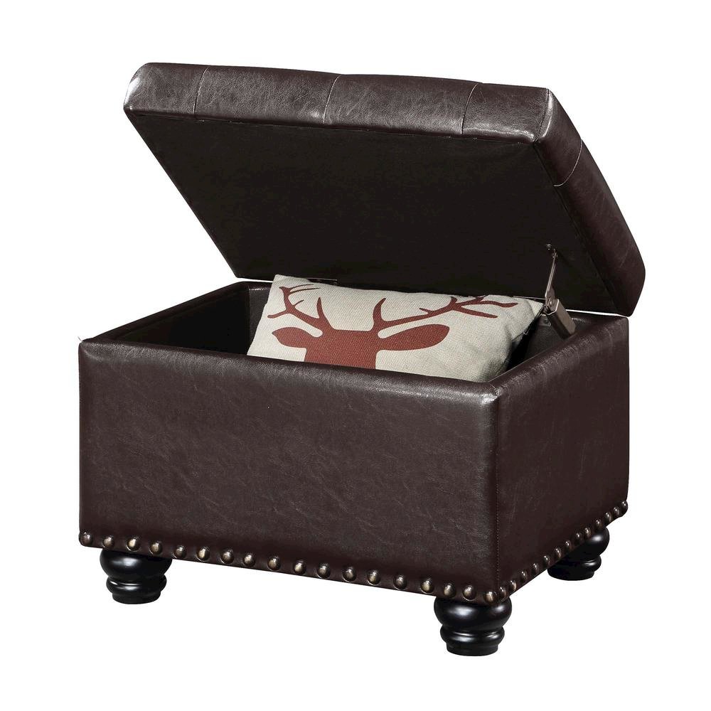 Storage Ottoman Footrest Chair in Brown Faux Leather, Pressure Hinge