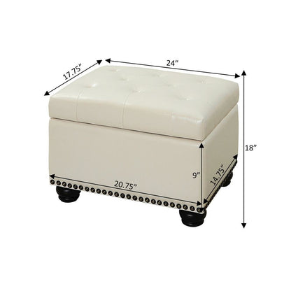 Storage Footrest Ottoman Chair, White Faux Leather, Pressure Hinge