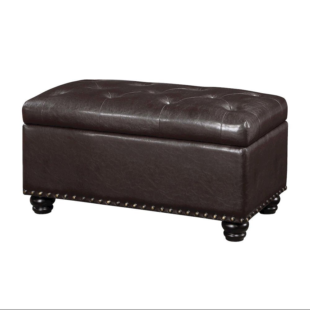 Storage Ottoman Bench Vegan Leather in Brown, Nailhead Accent, 35.5-inch