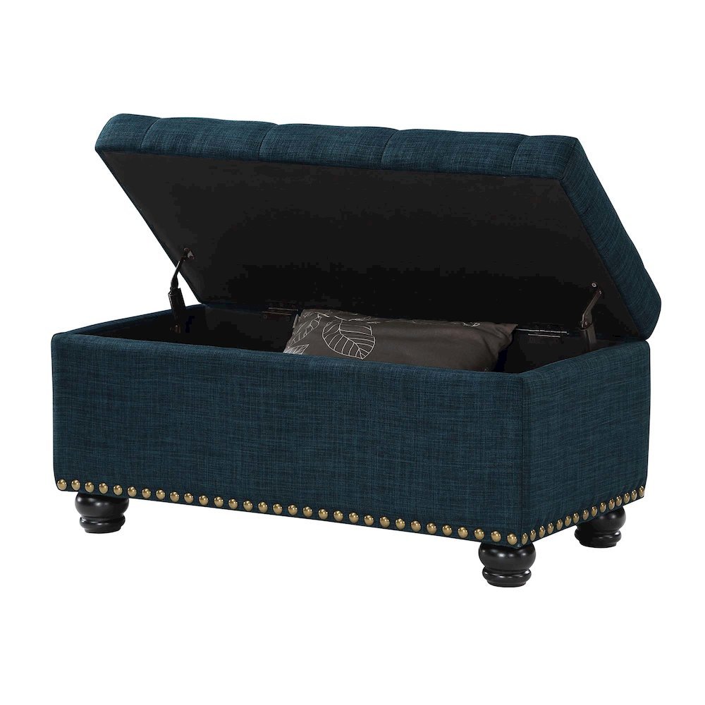 Storage Bench Ottoman in Blue Fabric, Button Tufted, Sturdy Base, 35.5-inch