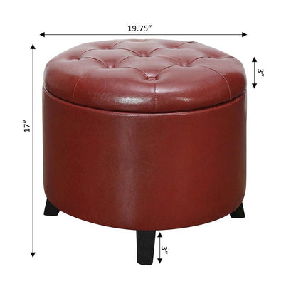 Round Storage Ottoman Removable Lid, Red Faux Leather, Foam Top, 19.75-inch Wide